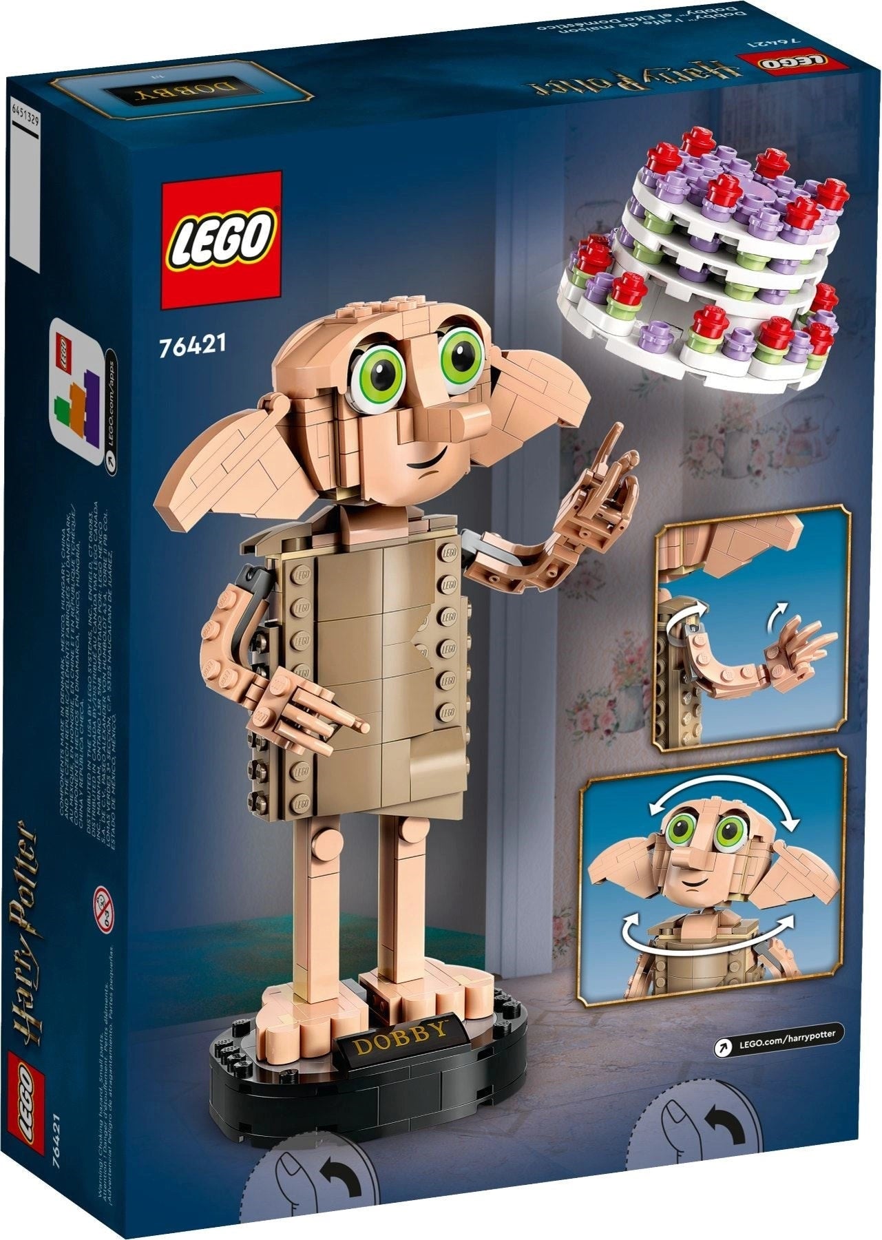 LEGO Dobby the House Elf set packaging with Dobby figure and cake on a blue background