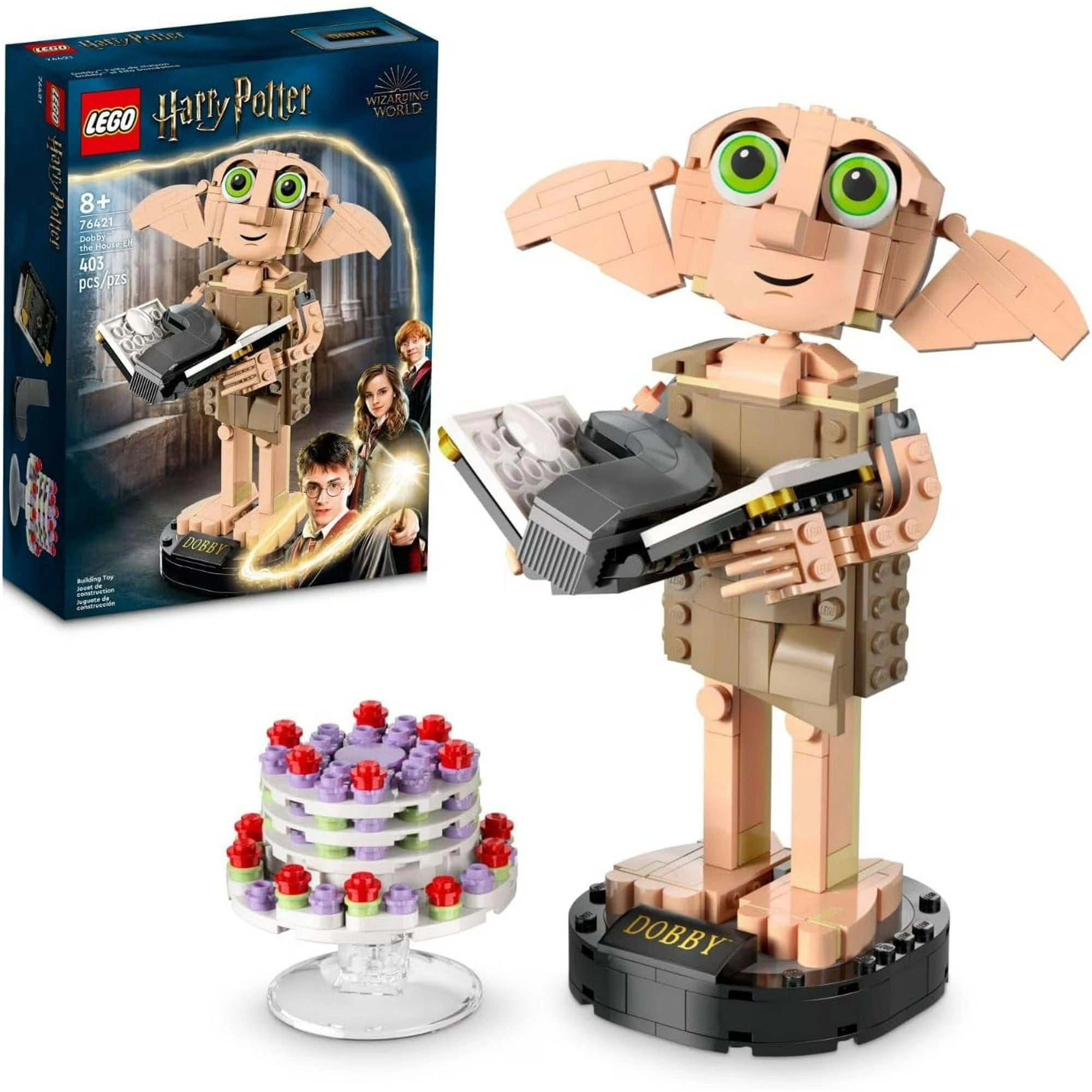 LEGO Harry Potter Dobby toy figure with packaging and a cake on a white background