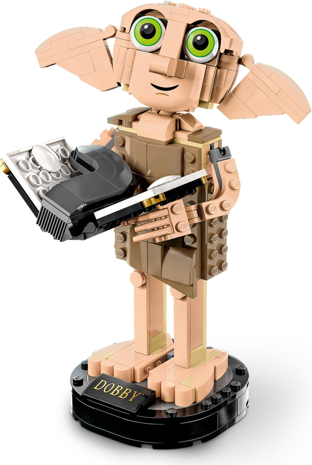 Toy figure of Dobby the house-elf from Harry Potter, made of interlocking bricks, on a white background.