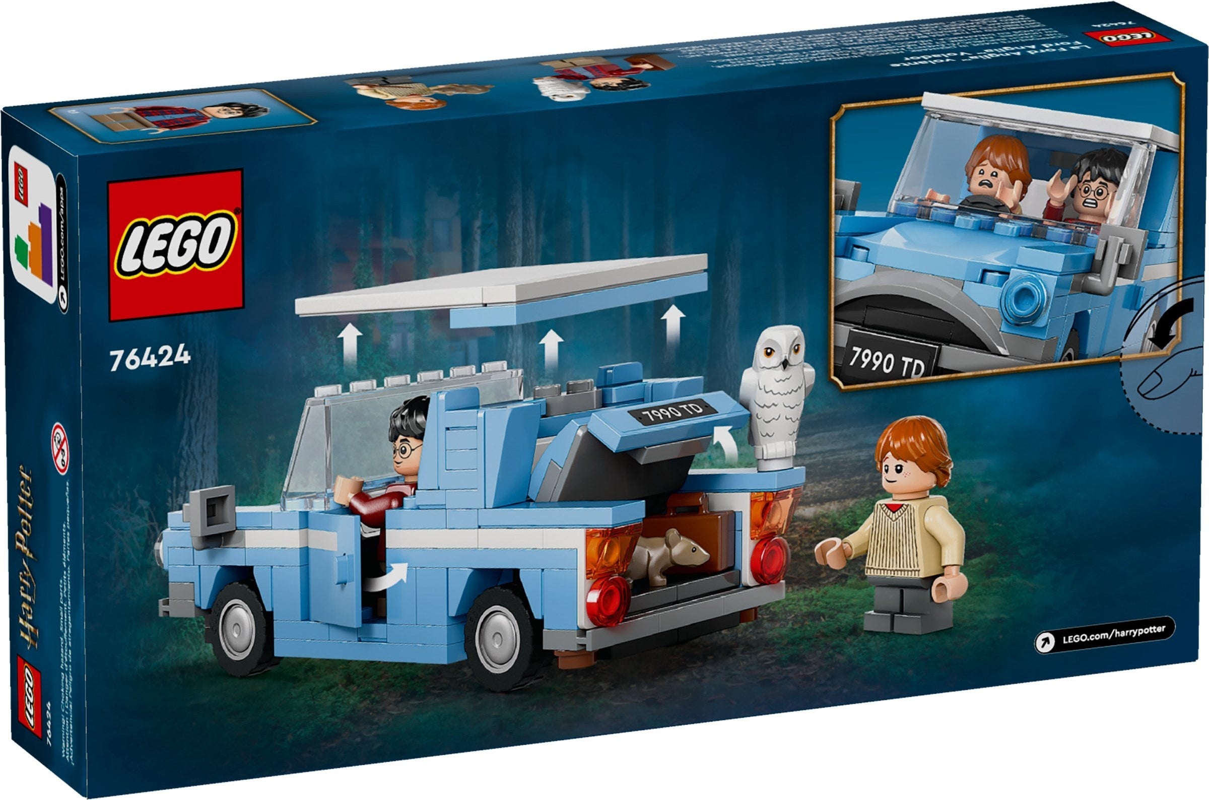 LEGO set packaging featuring a blue vehicle with characters and a ghost, on a blue background.
