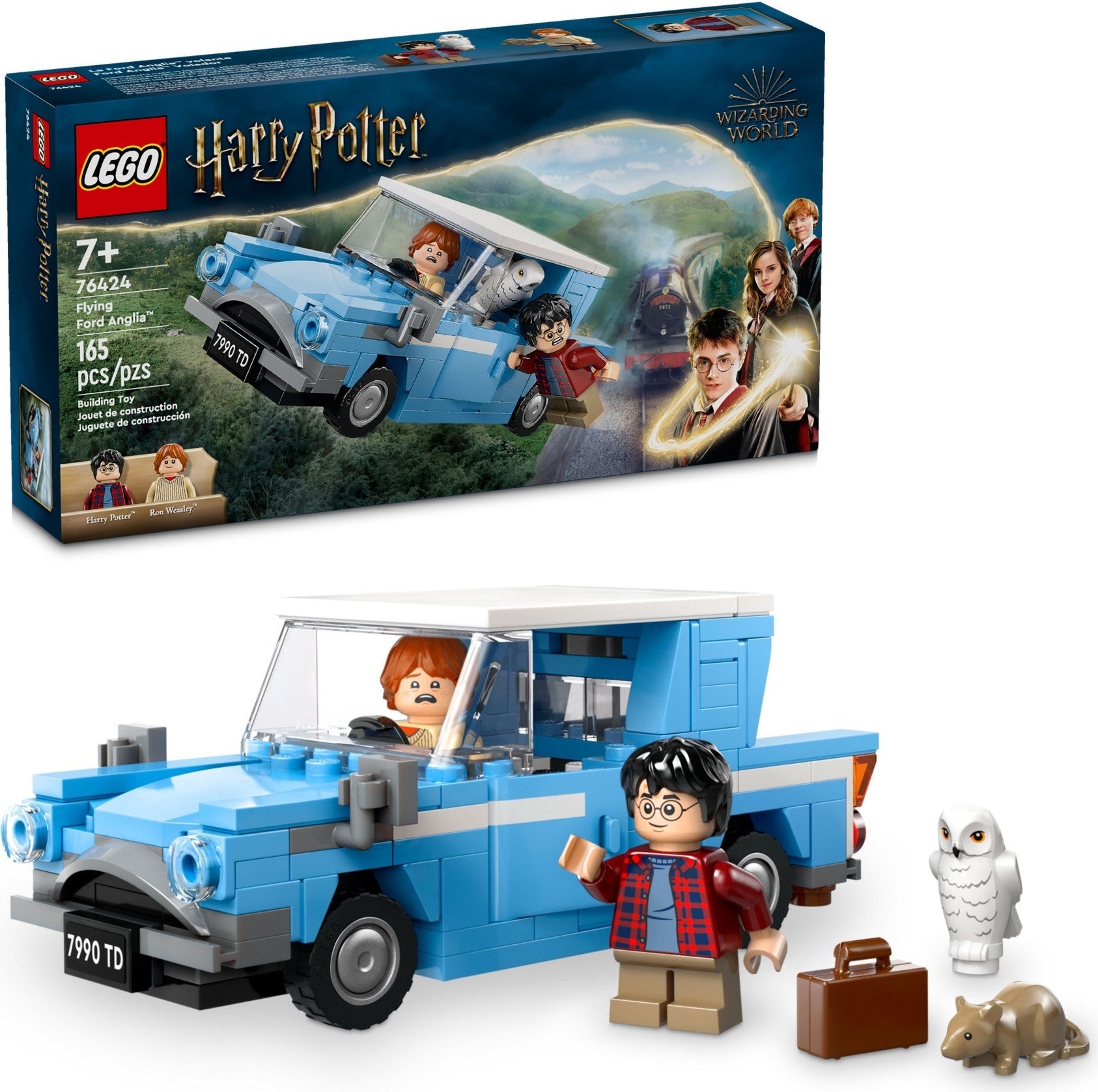 LEGO Harry Potter set with blue car, characters, and packaging