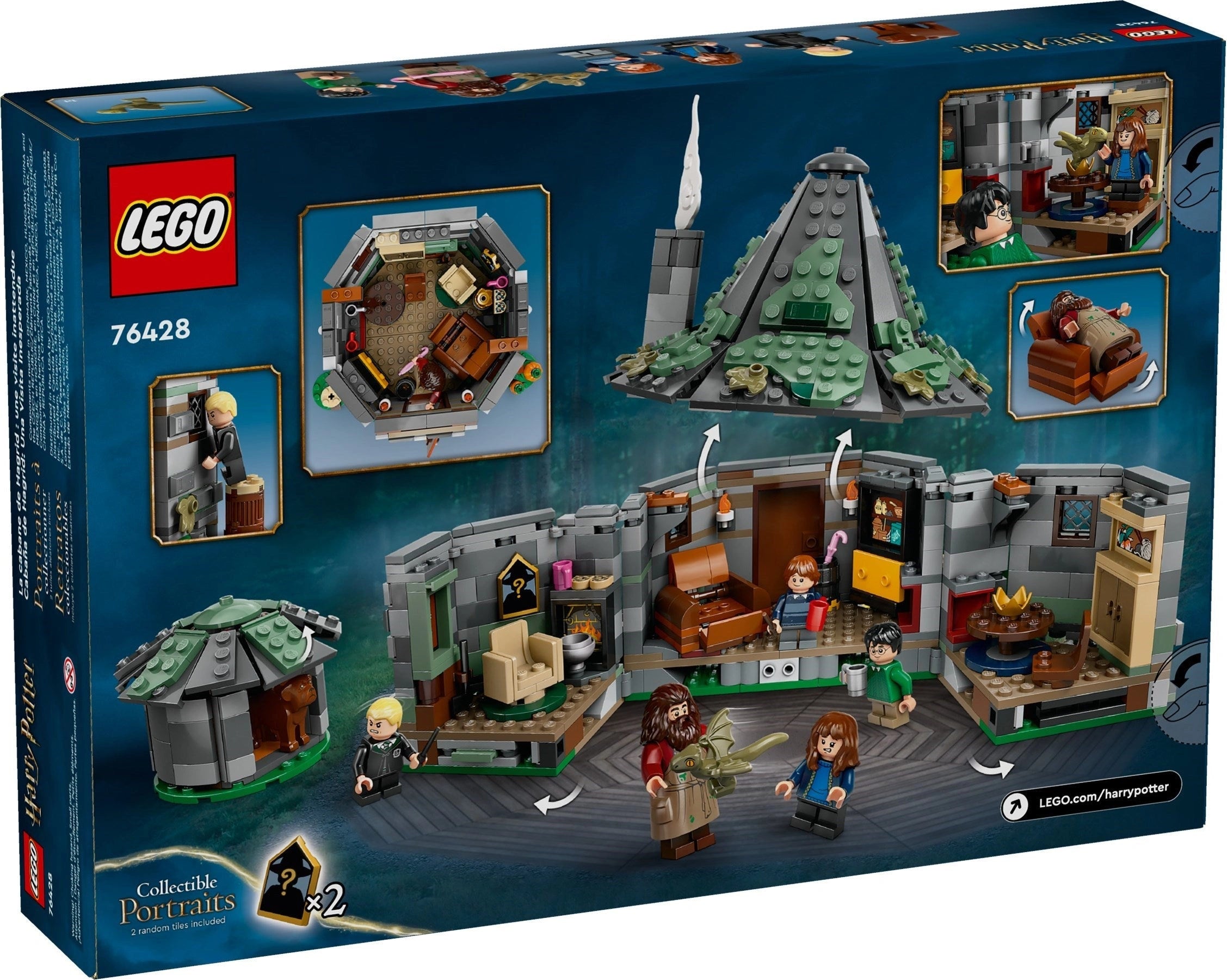 LEGO Harry Potter set packaging with multiple views and characters on a blue background
