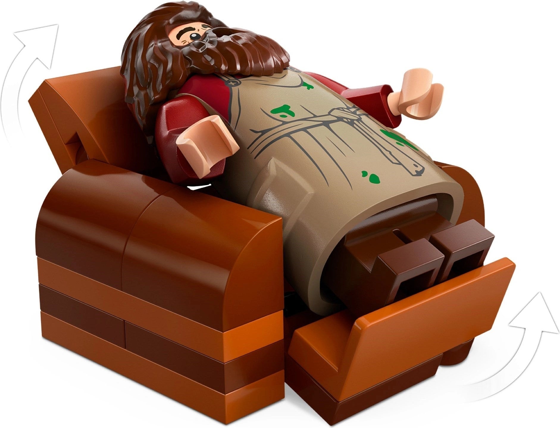 LEGO figure of a character with a long beard sitting in a brown armchair on a white background