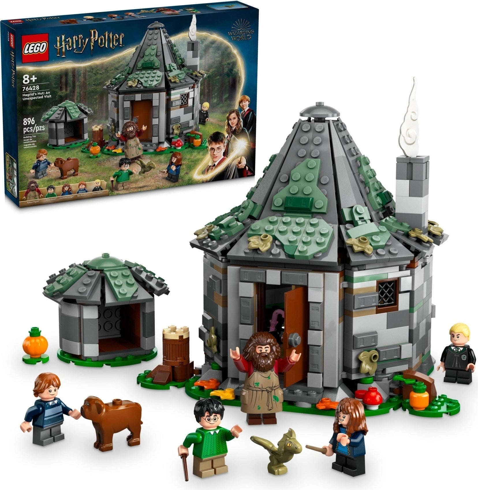 LEGO Harry Potter set with model house, characters, and packaging on a white background