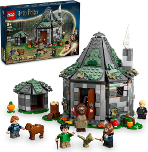 LEGO Harry Potter set with model house, characters, and packaging on a white background