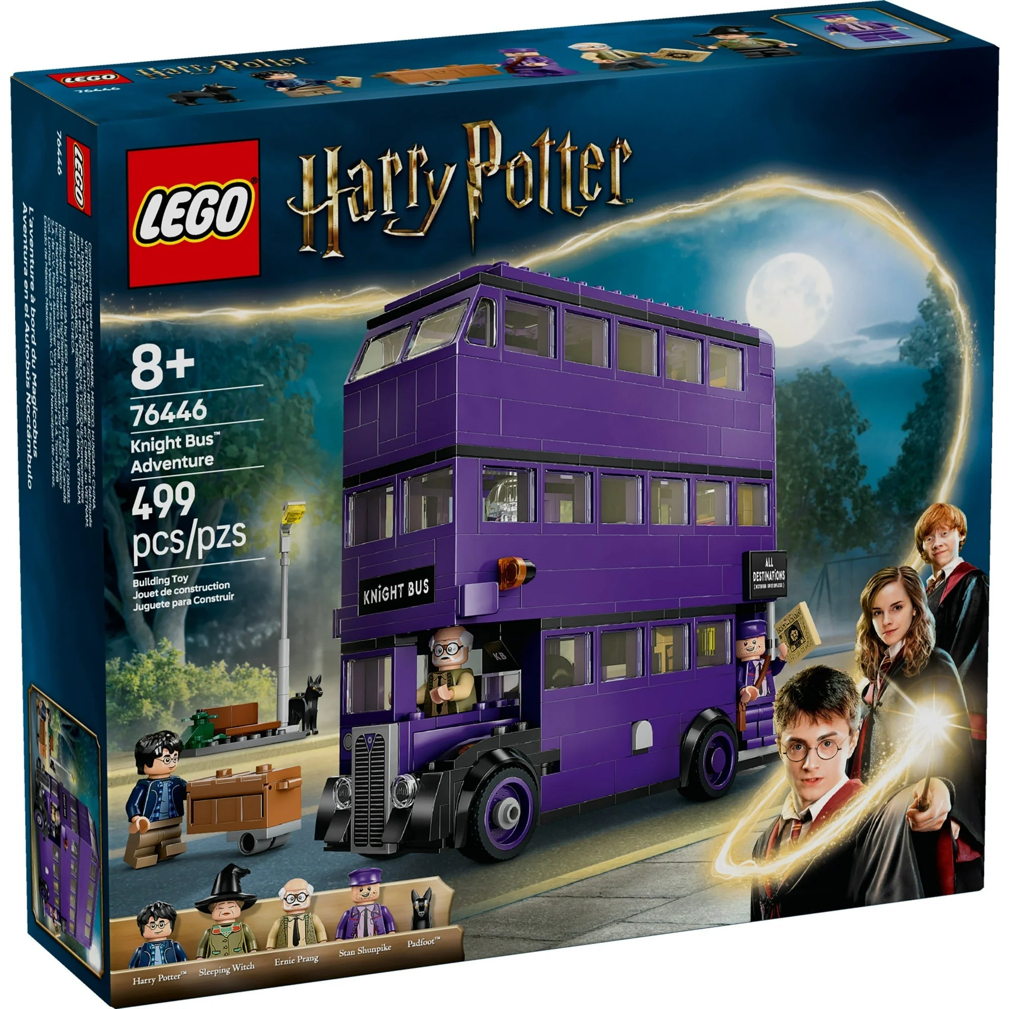 LEGO Harry Potter Knight Bus Adventure set packaging with purple bus and characters.