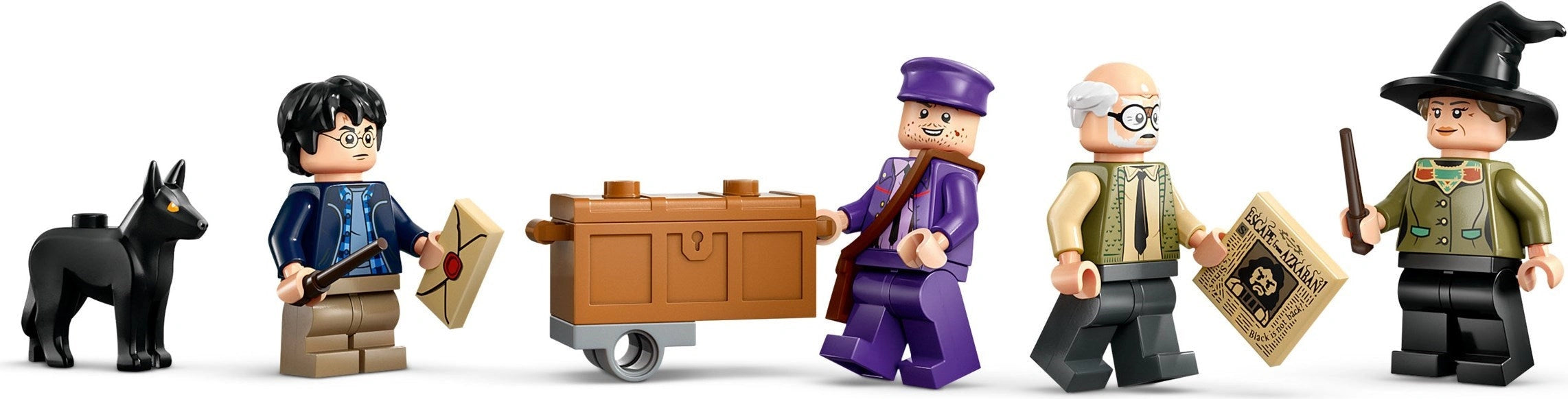 Set of LEGO minifigures with various accessories and a dog on a white background