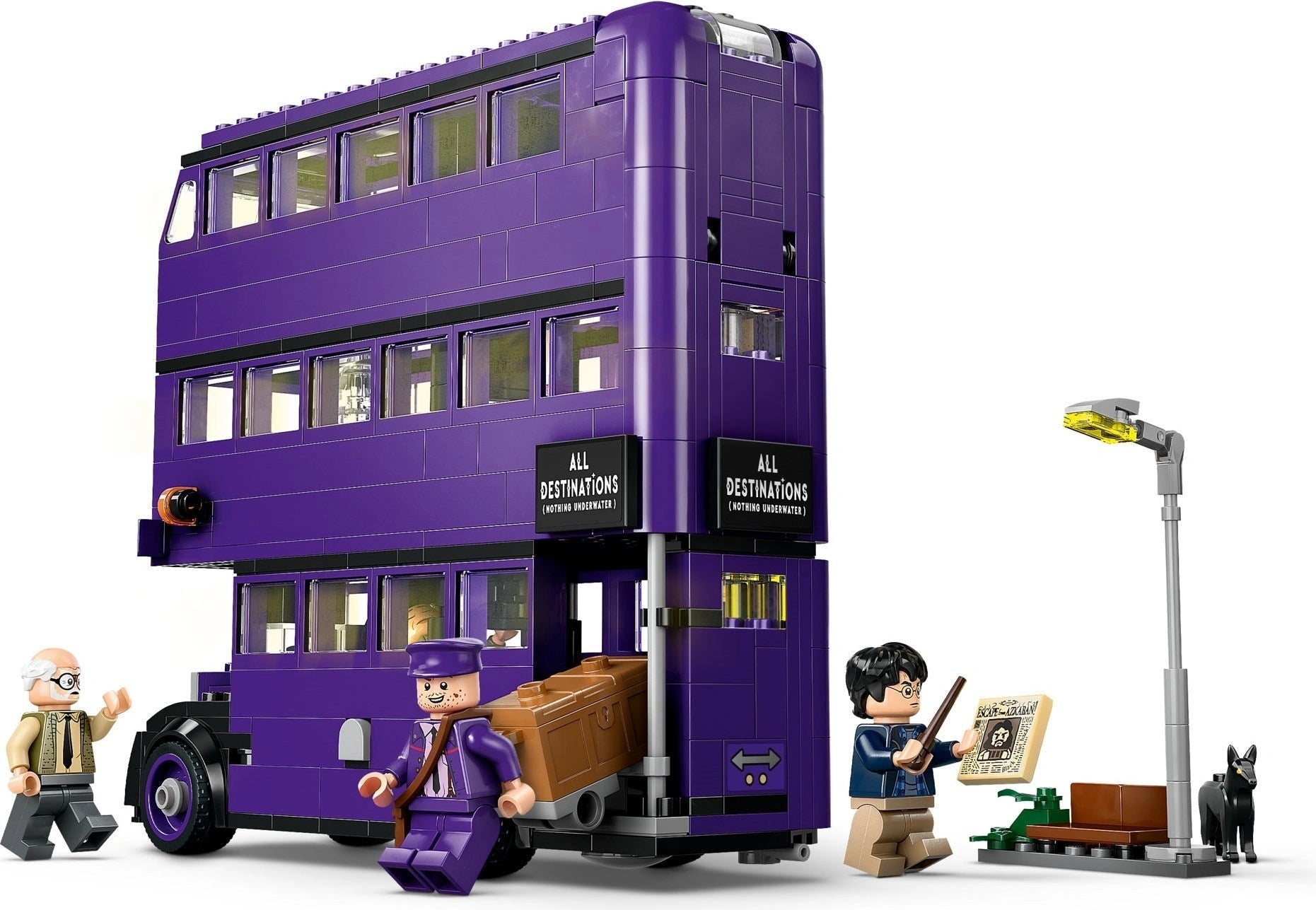 Purple toy bus with characters and accessories on a white background