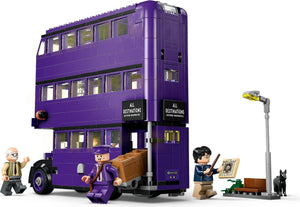 Purple toy bus with characters and accessories on a white background