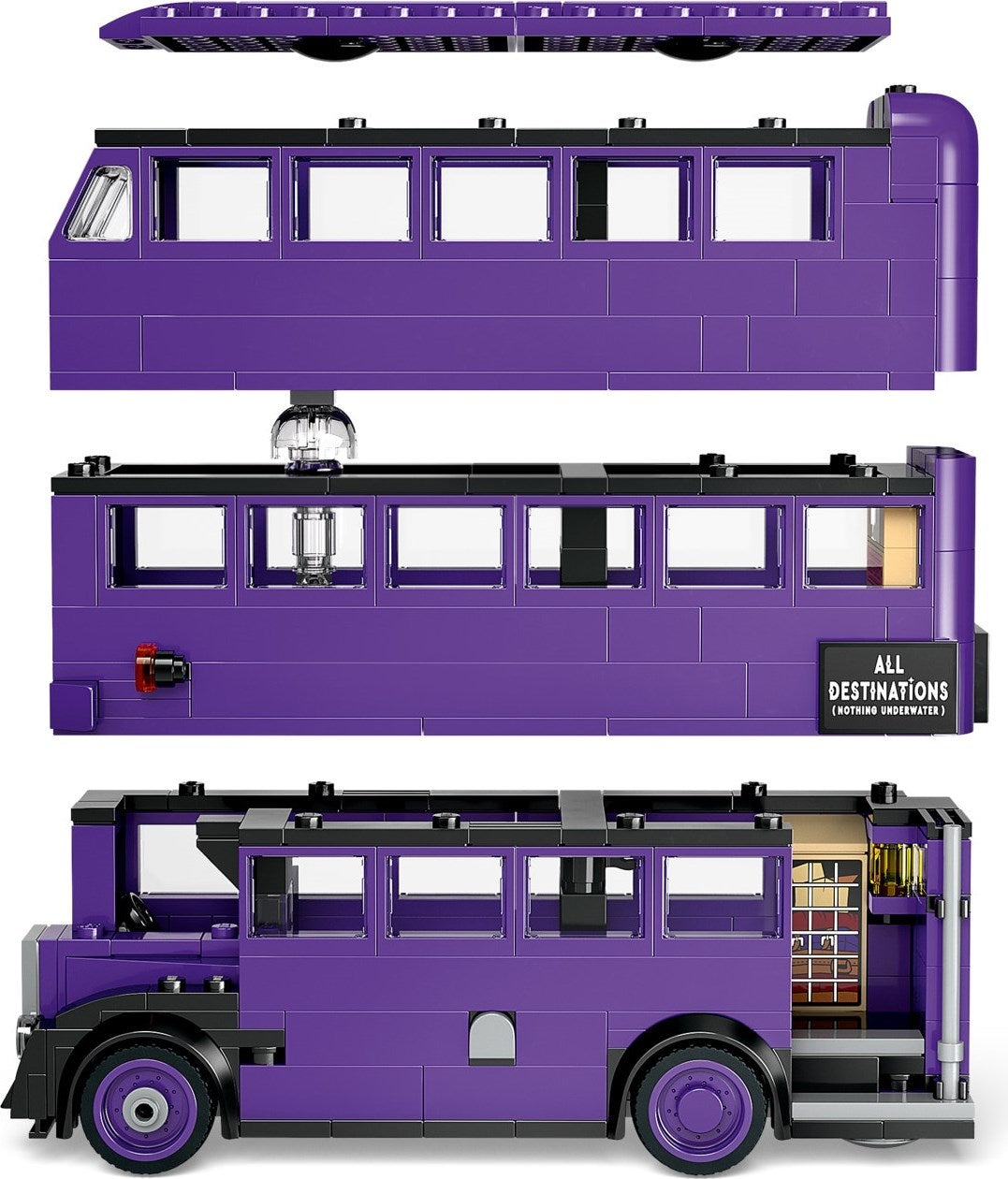 Purple toy bus with detailed interior and exterior components on a white background
