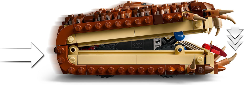 Close-up of a LEGO model with detailed components on a white background
