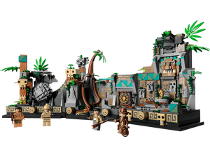Toy set with a jungle theme featuring buildings, characters, and a dragon-like creature on a white background.