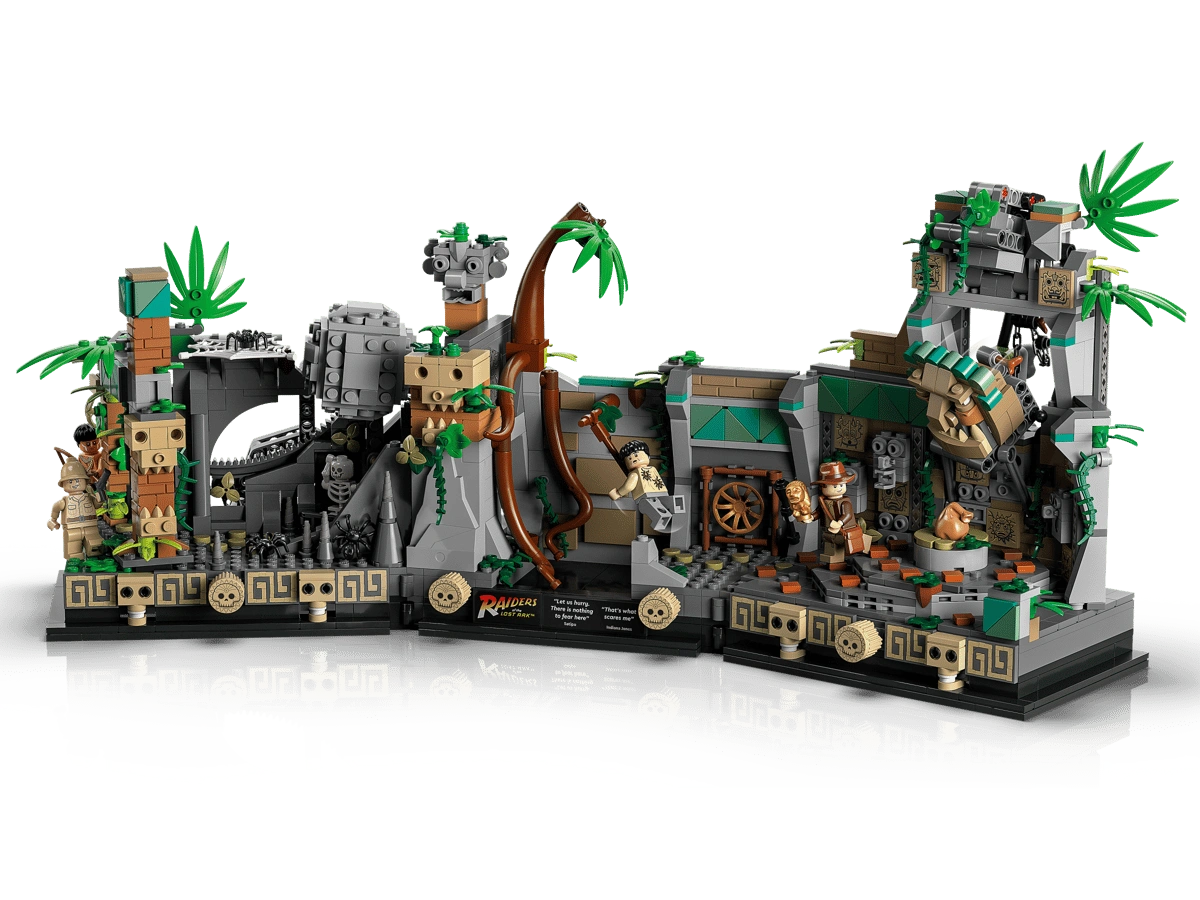LEGO set with jungle theme and various elements on a white background