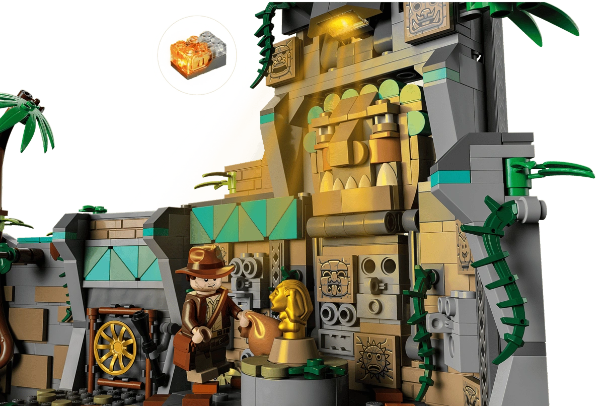 Toy set with a character and temple-like structure on a white background