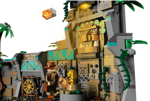 Toy set with a character and temple-like structure on a white background