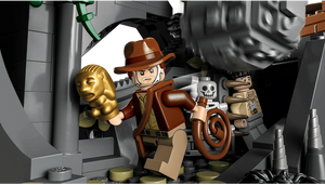 LEGO figure of a explorer with a golden lion head in an adventurous setting