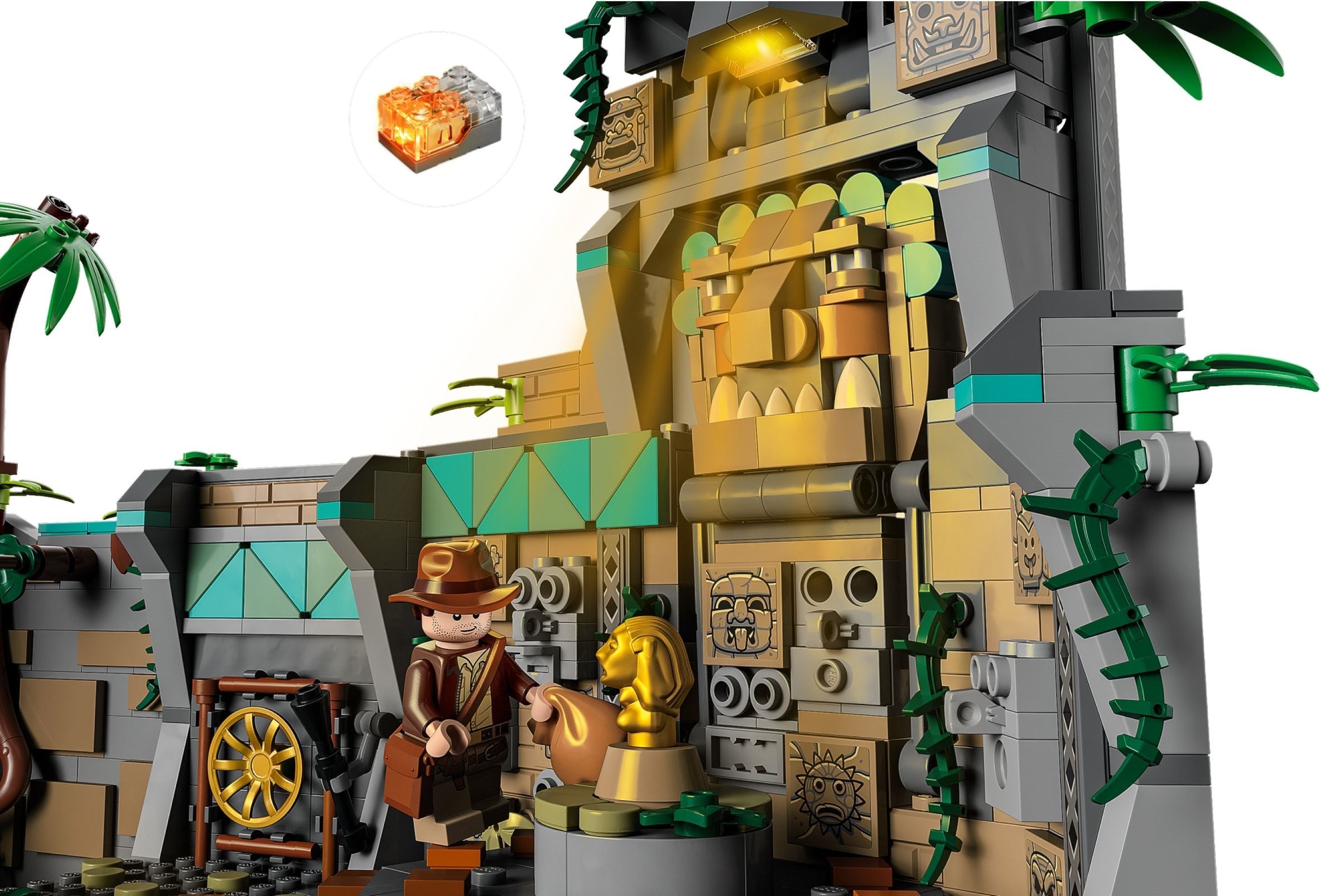 Toy set with a jungle theme featuring a character, animal, and intricate building design.