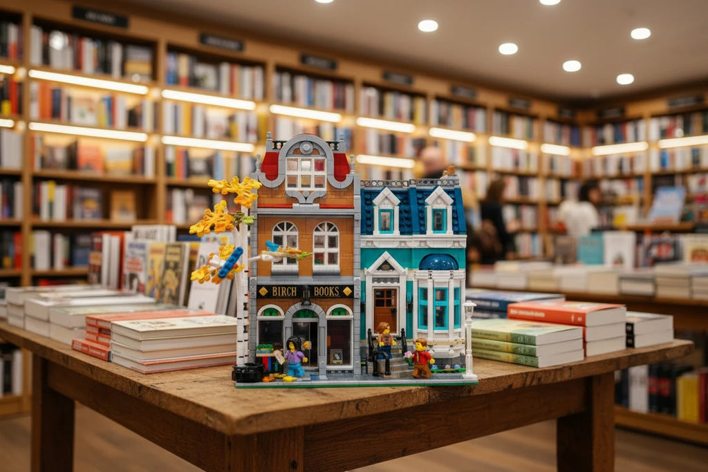 Toy building set on a table with bookshelves in the background