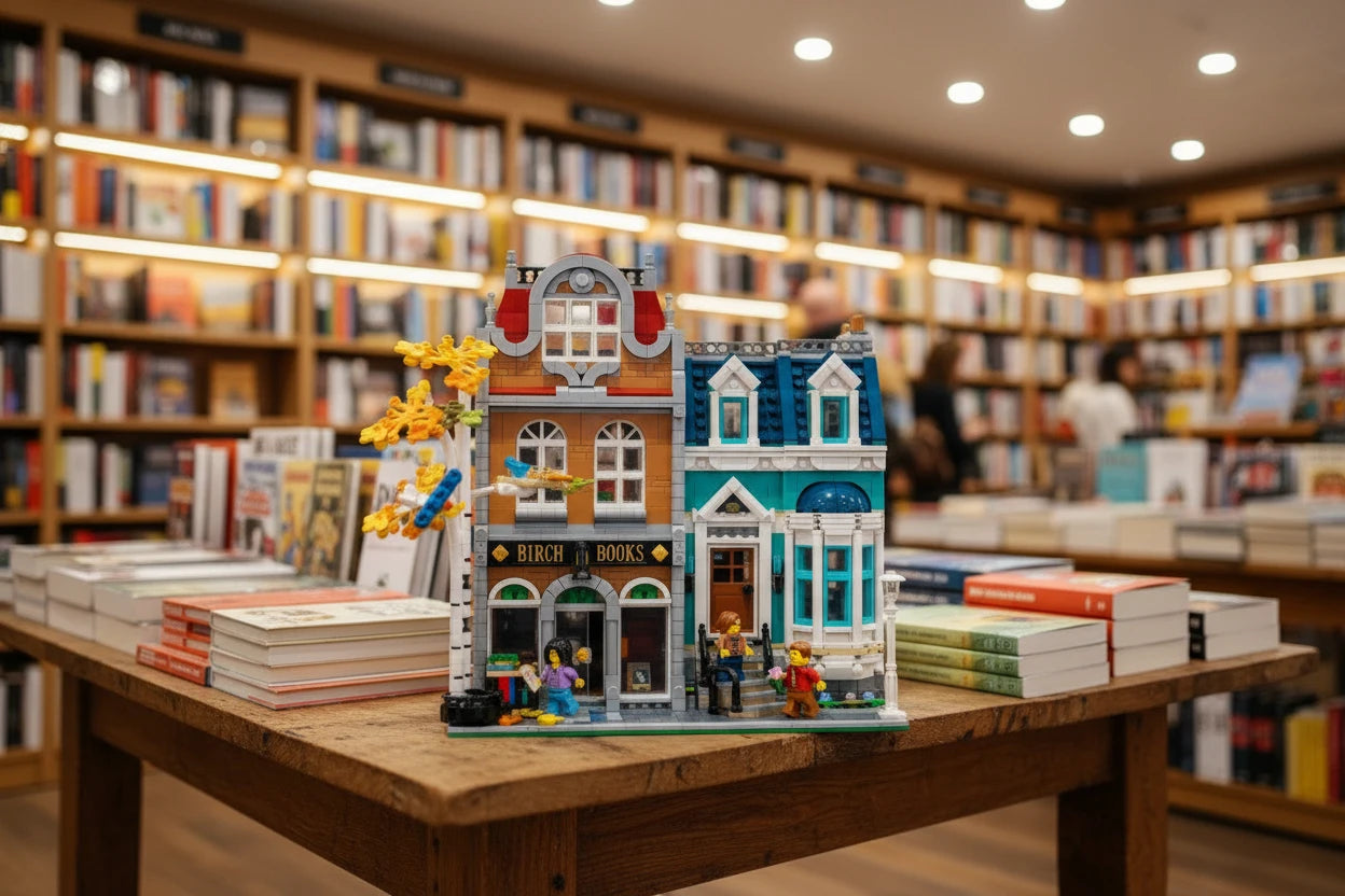 Toy building set on a table with bookshelves in the background