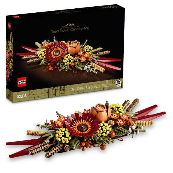 LEGO Icons Dried Flower Centerpiece set packaging with floral arrangement on a white background