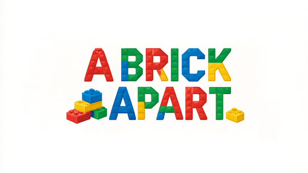 Colorful text 'A Brick Apart' with toy bricks on a white background