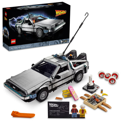 LEGO Back to the Future DeLorean time machine set with packaging and accessories on a white background