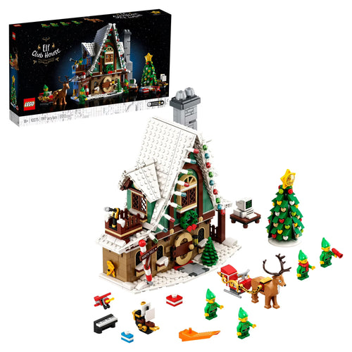 LEGO Elf Club House set with packaging, house model, trees, and figures on a white background