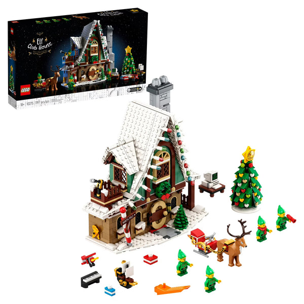 LEGO Elf Club House set with packaging, house model, trees, and figures on a white background