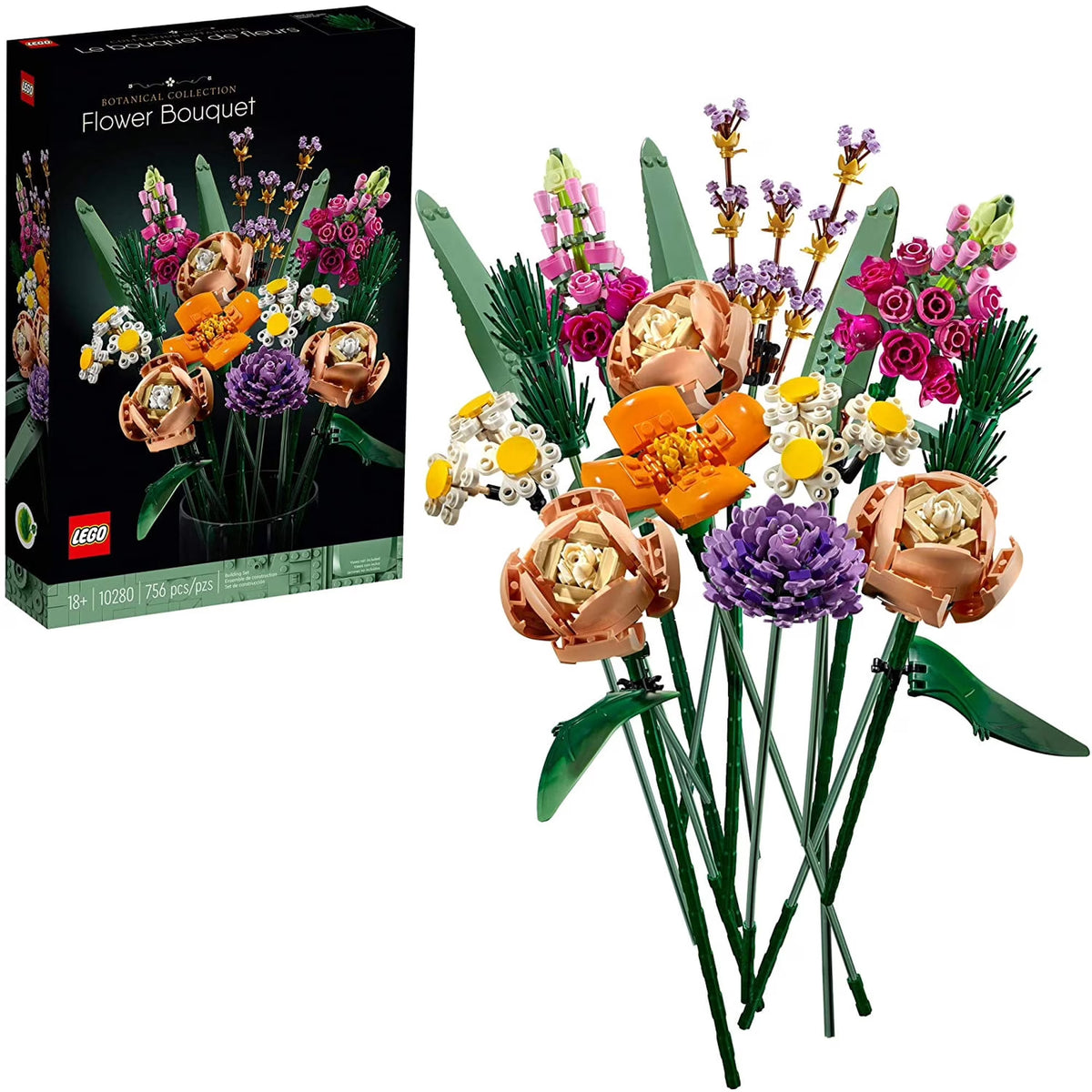 LEGO Flower Bouquet set with colorful flowers and packaging on a white background