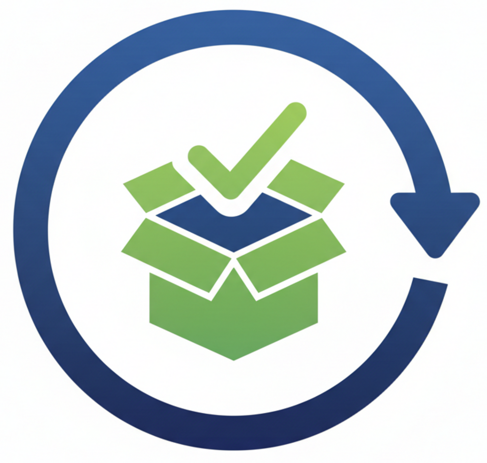 Icon of a green box with a check mark inside, enclosed in a blue circle with arrows, on a white background.