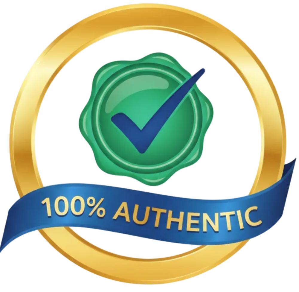 Logo with a green checkmark and blue ribbon stating '100% Authentic' on a white background