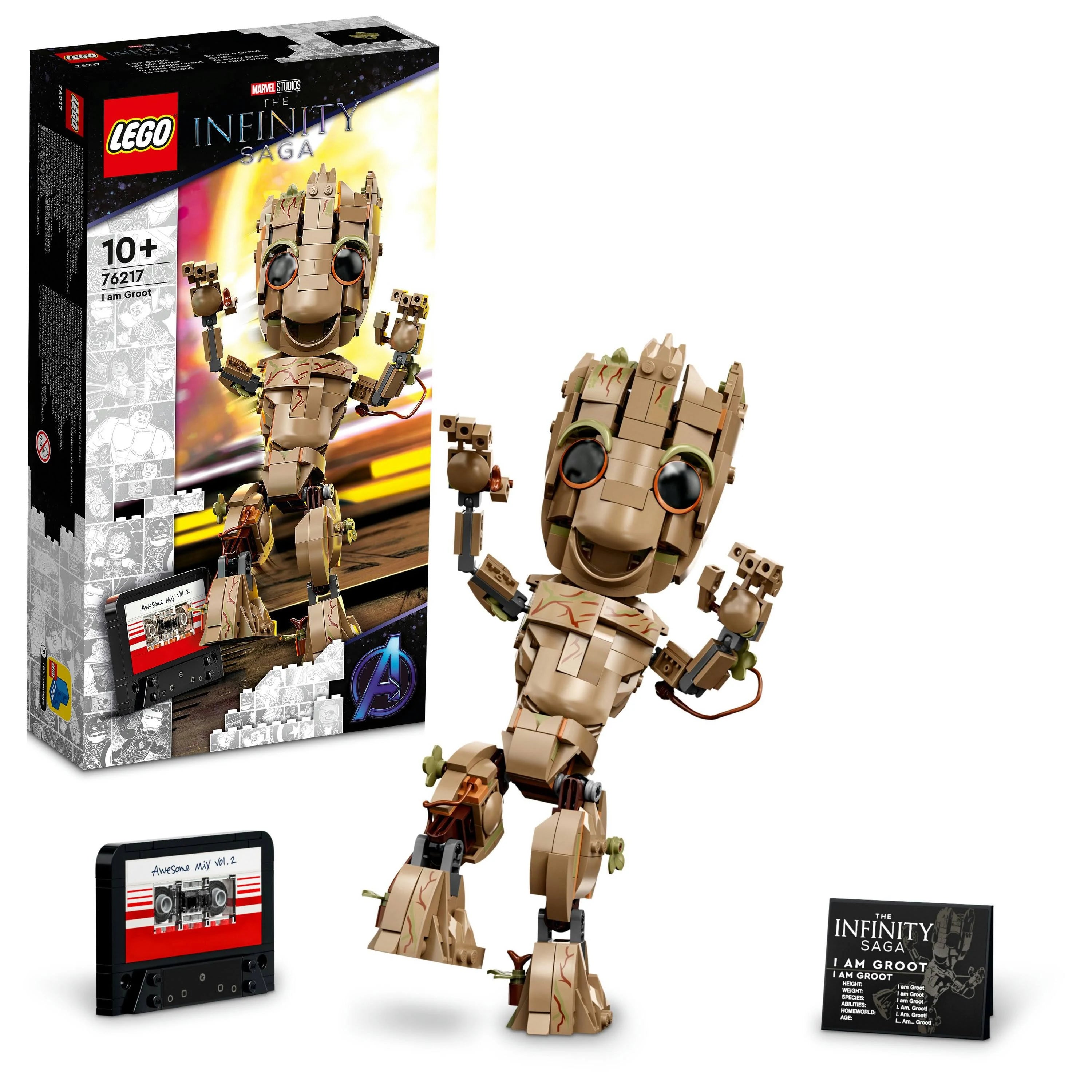 LEGO Groot figure with packaging and accessories on a white background
