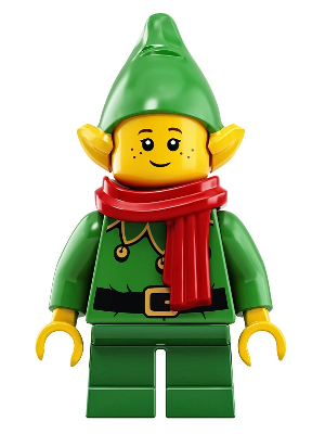LEGO minifigure of an elf with a green hat and scarf on a white background