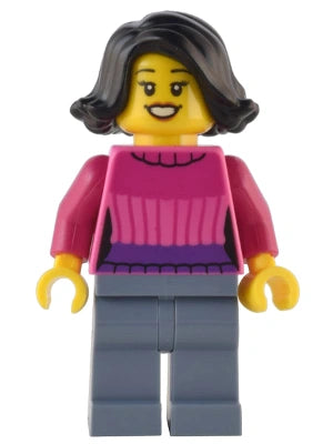 LEGO figure of a woman wearing a pink sweater on a white background