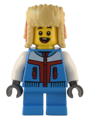 LEGO minifigure with blonde hair, blue outfit with red accents, and white shirt.