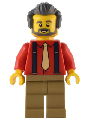 LEGO minifigure with a red shirt, tie, and suspenders on a white background