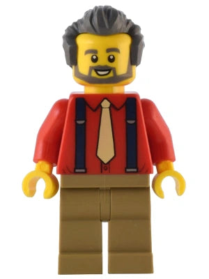 LEGO minifigure of a man with a red shirt, tie, and suspenders on a white background