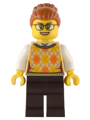 LEGO minifigure wearing a patterned sweater on a white background