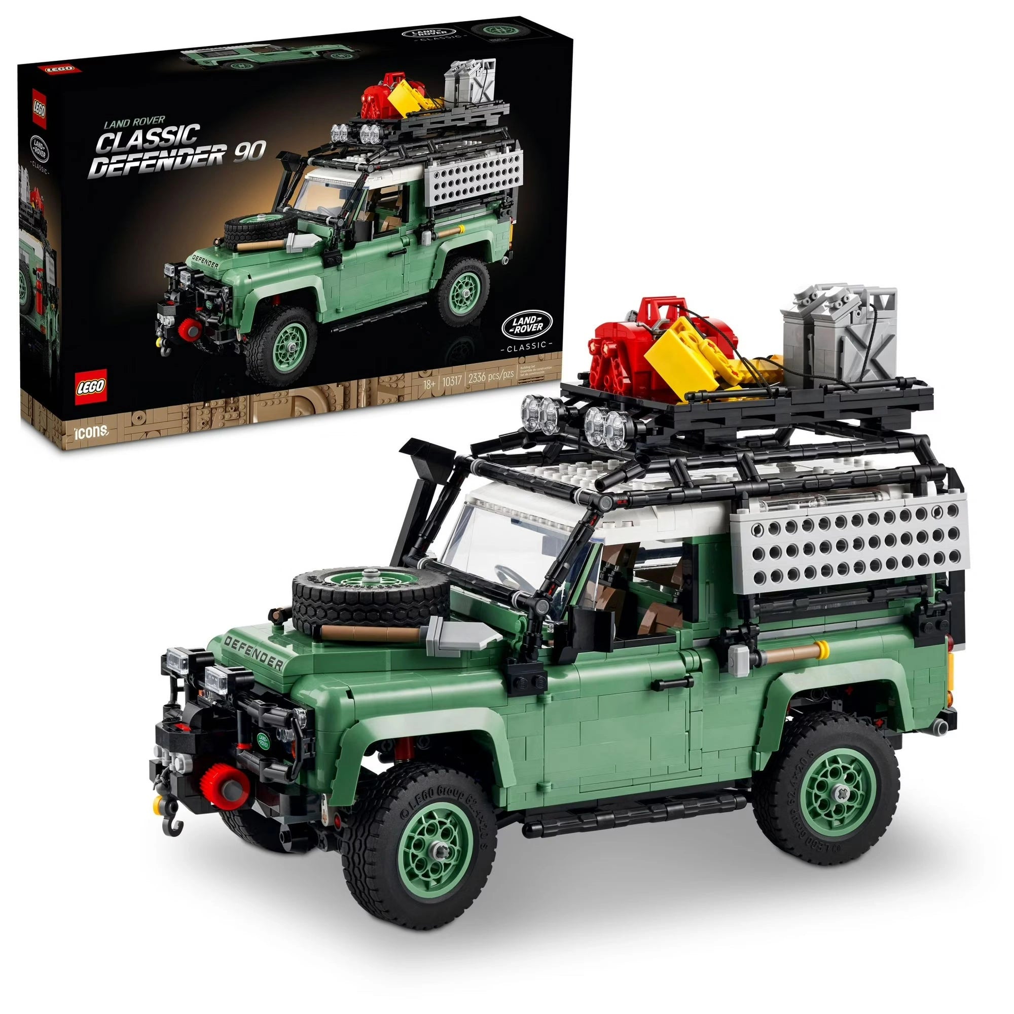 LEGO Land Rover Defender model with packaging in the background