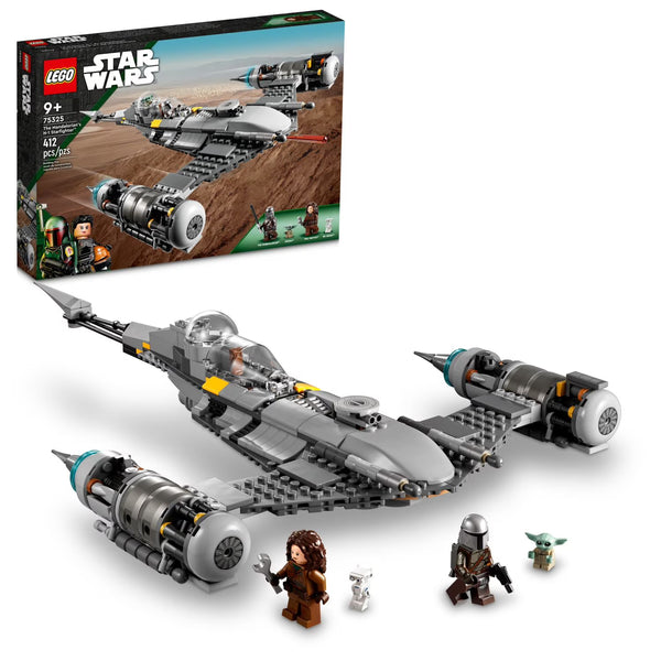 LEGO Star Wars set with model spaceship, figures, and packaging on a white background