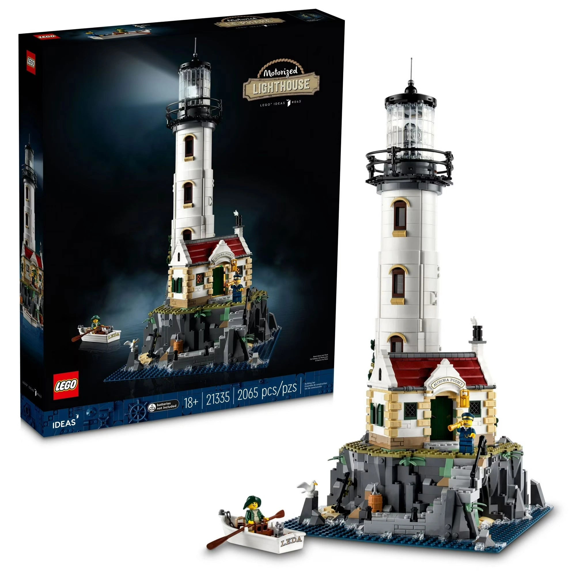 LEGO lighthouse set with packaging on a white background