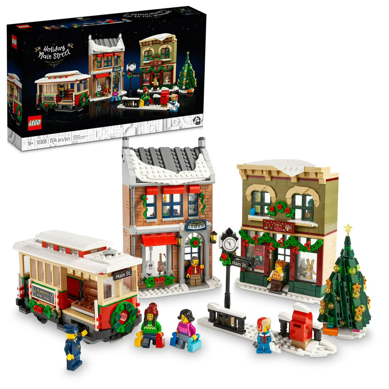 LEGO holiday town street set with buildings, a trolley, and people on a white background