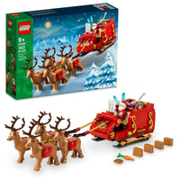 LEGO Santa's Sleigh set with reindeer and packaging on a white background