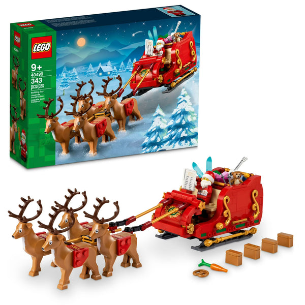 LEGO Santa's Sleigh set with reindeer and packaging on a white background
