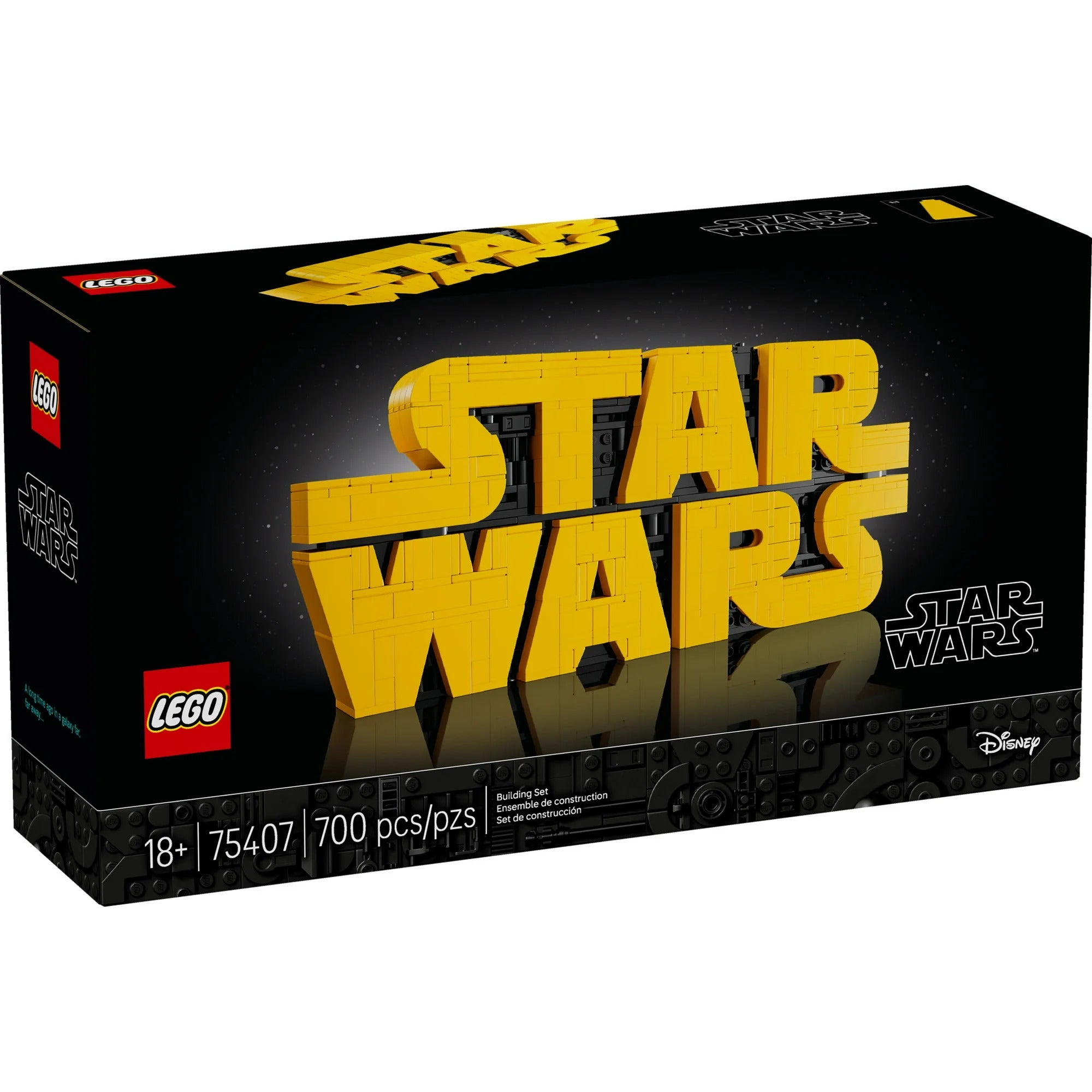 LEGO Star Wars set packaging with yellow text on a black background