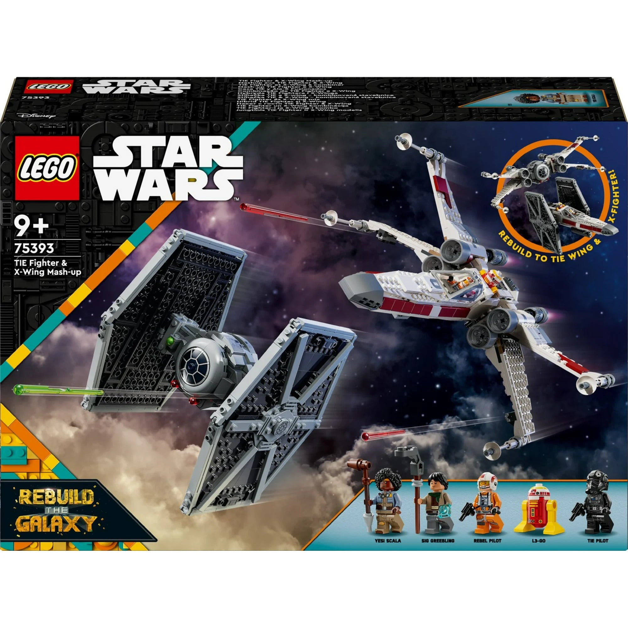 LEGO Star Wars X-Wing and TIE Fighter set packaging with characters on a space-themed background.