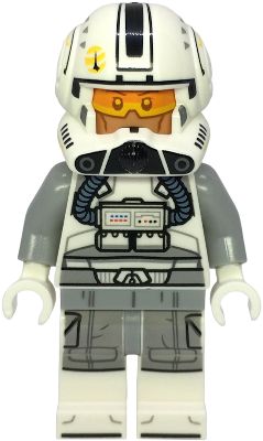 Toy figure with a helmet and gray outfit on a white background