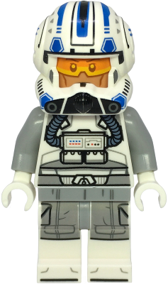 Toy figure with a helmet and gray outfit on a white background