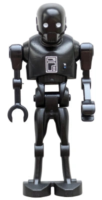Black robot toy figure with a visible logo on a white background