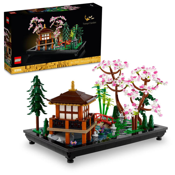 LEGO Japanese Garden set with cherry blossom tree, pagoda, and packaging on a white background